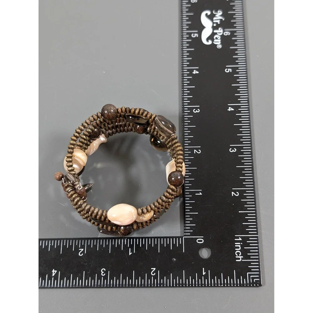 Wide Brown Beaded Cuff Bracelet Wood Shell‎ Glass Flexible Boho